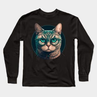 Glasses-Wearing Tabby Cat Long Sleeve T-Shirt